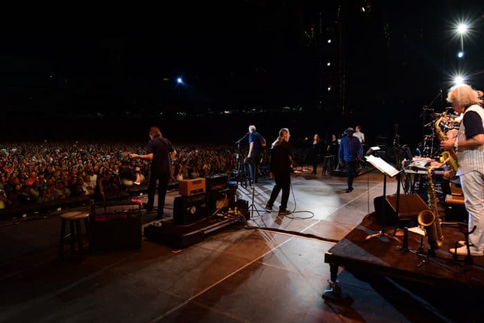 BOSTON, MA – AUGUST 11: James Taylor and Bonnie Raitt at Fenway Park on August 11, 2017 in Boston, Massachusetts. (Photo by Michael Ivins for James Taylor)