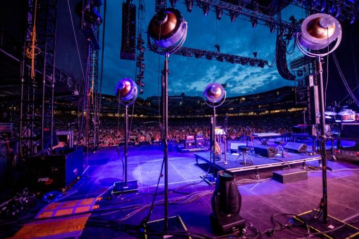 BOSTON, MA – AUGUST 11: James Taylor and Bonnie Raitt at Fenway Park on August 11, 2017 in Boston, Massachusetts. (Photo by Michael Ivins for James Taylor)