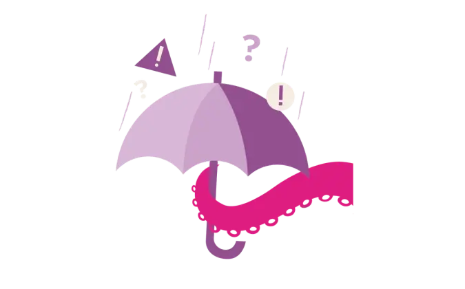 Purple umbrella with a pink tentacle handle, amidst rain, warning signs, and question marks.