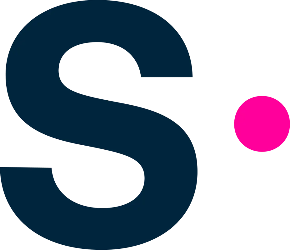 Dark blue letter S with a pink circle to its right.
