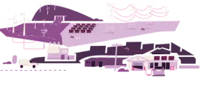 Illustration of a renewable energy ecosystem with wind turbines, solar farms, a dam, power lines, and a house with rooftop solar panels charging an electric car.