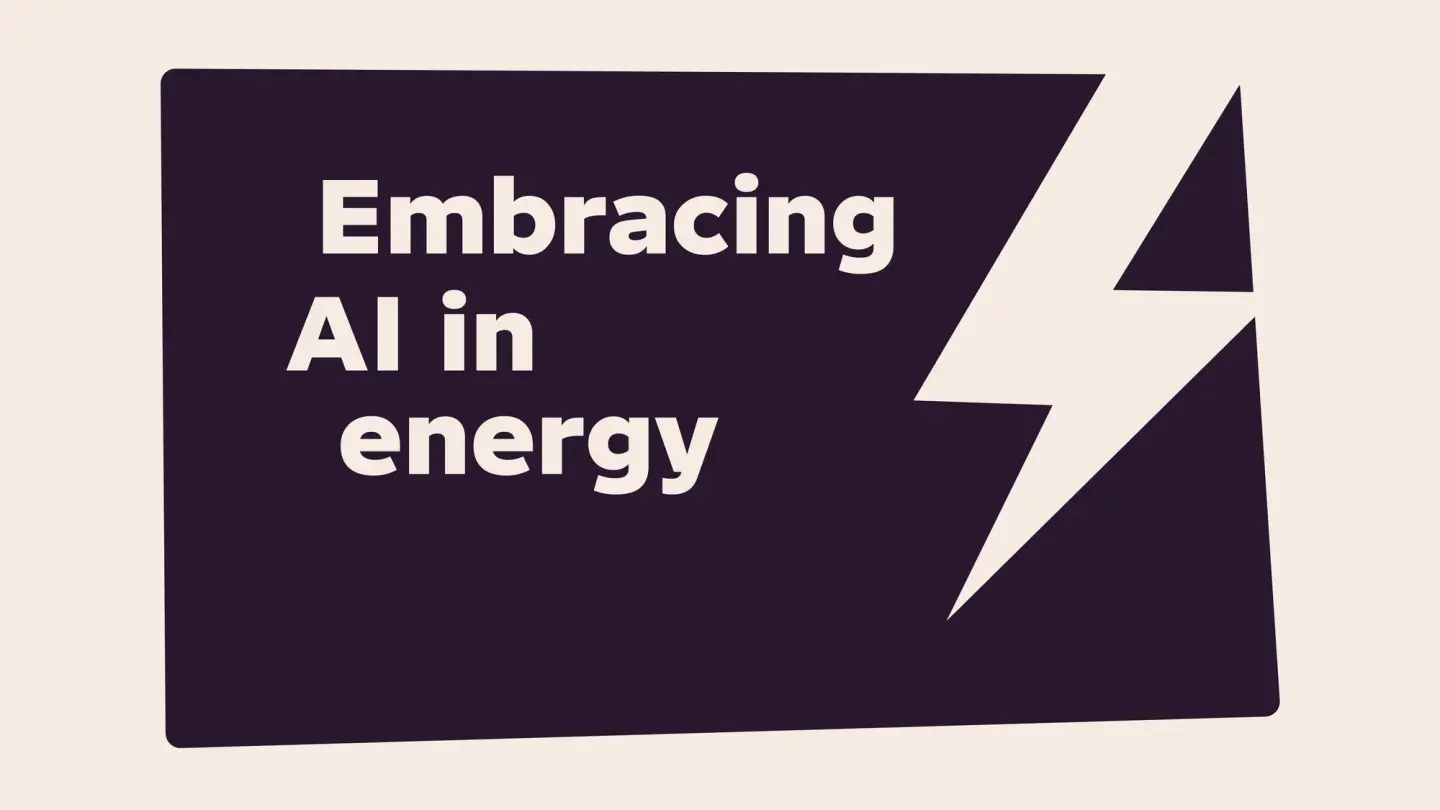 Illustration with the title "Embracing AI in energy" on a dark purple card, featuring a lightning bolt icon.
