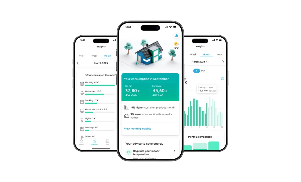 Three smartphones displaying an energy consumption tracking app with various data, graphs, and insights.