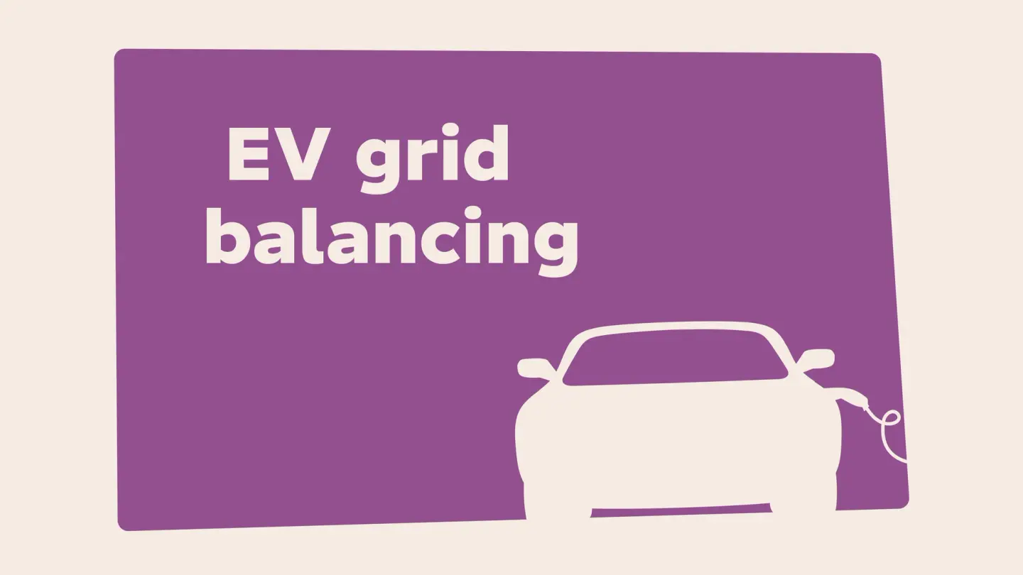 Illustration with the title "EV grid balancing" on a purple card, featuring an electric vehicle connected to a charging cable.