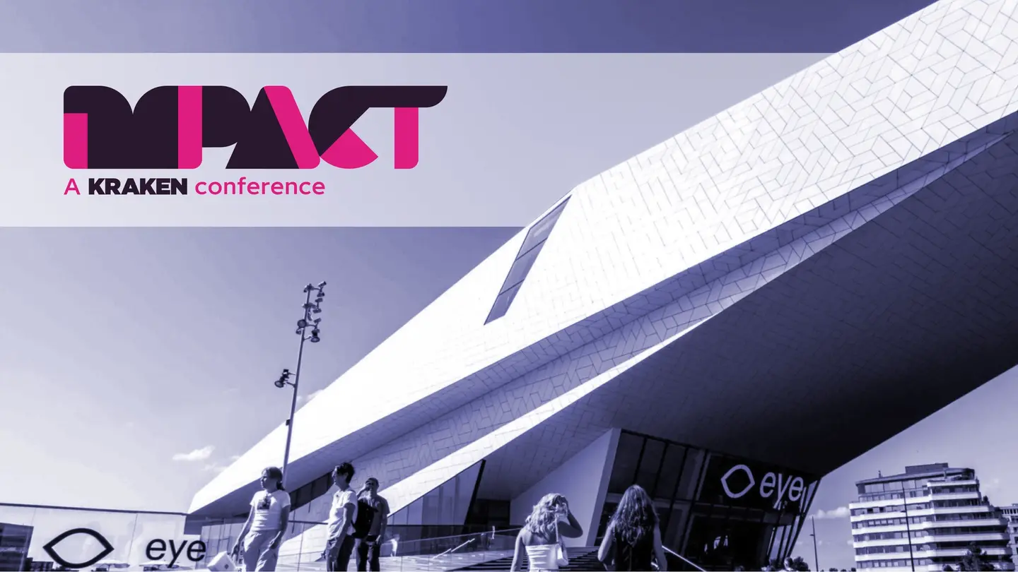 Banner with 'IMPACT A KRAKEN conference' above a blue-toned photo of the modern Eye Filmmuseum building with people walking.
