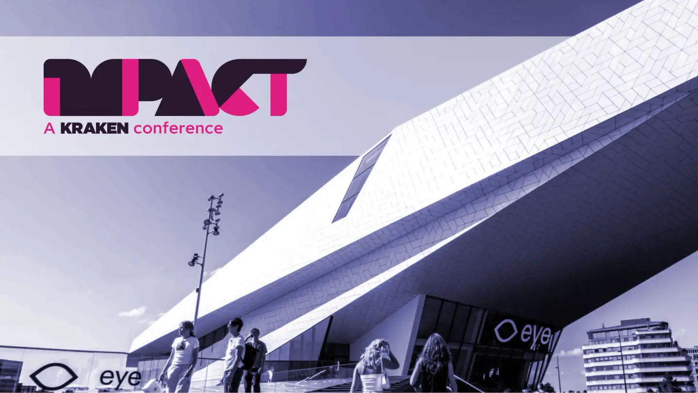 IMPACT: A KRAKEN conference logo above a photo of the modern, angular Eye Filmmuseum building with people walking outside.