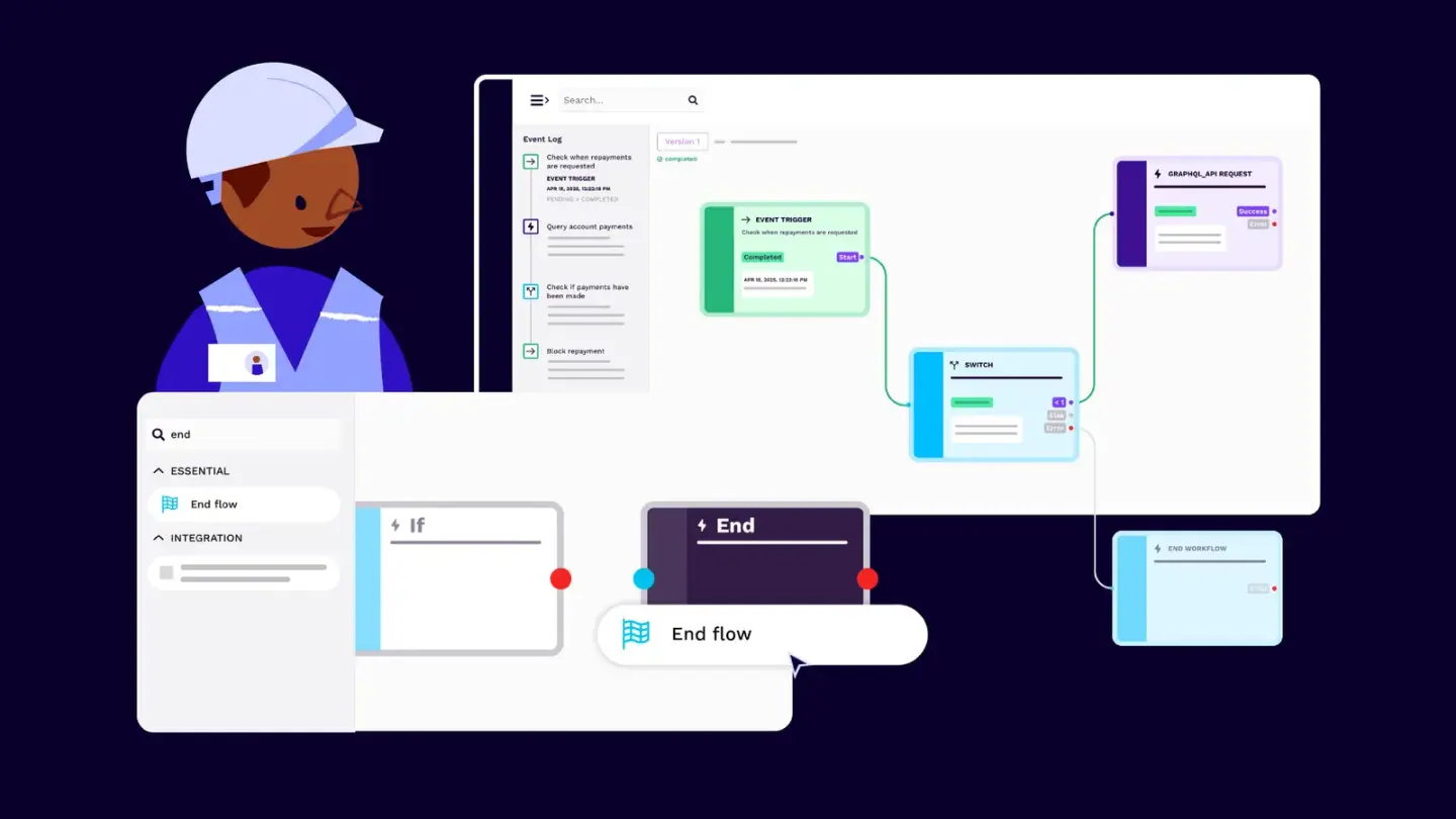 An illustrated person in a hard hat observes a visual programming interface building a workflow with connected nodes and a highlighted "End flow" component.