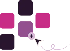 A mouse cursor points to a plus icon on a purple square, surrounded by other colorful squares.