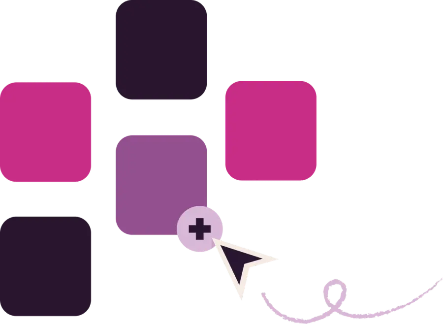 A mouse cursor points to a plus icon on a purple square, surrounded by other colorful squares.