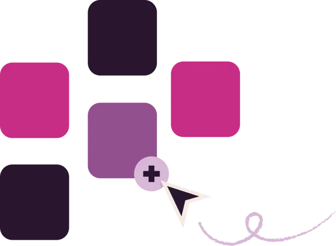Mouse cursor pointing to a purple rounded square with a plus sign, surrounded by pink and dark purple rounded squares.