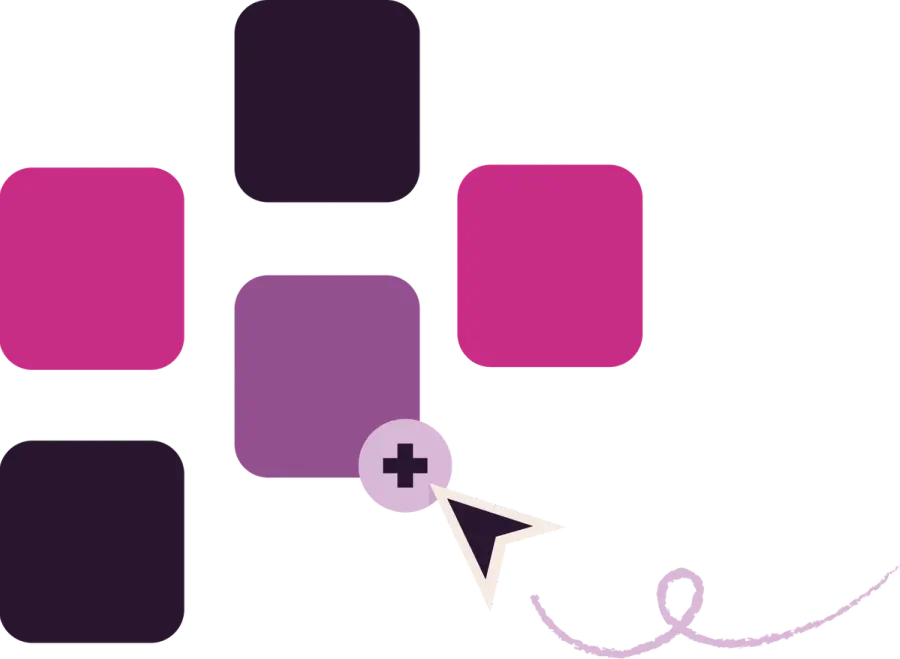 A mouse cursor points to a plus icon on a purple square, surrounded by other colorful squares.