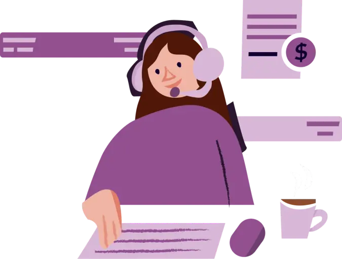 Illustration of a person with a headset working at a computer, surrounded by documents and a coffee cup.