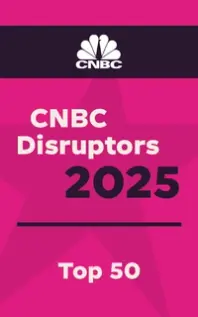 CNBC Disruptors 2025 Top 50, featuring the CNBC logo on a hot pink and dark purple background.