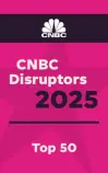 CNBC Disruptors 2025 Top 50, featuring the CNBC logo on a hot pink and dark purple background.