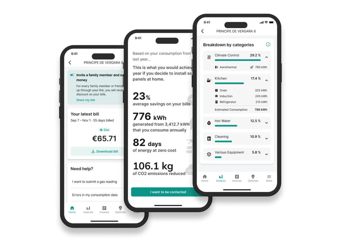 Three smartphone screens display an energy management app showing bill overviews, potential energy savings, and a breakdown of consumption by category.
