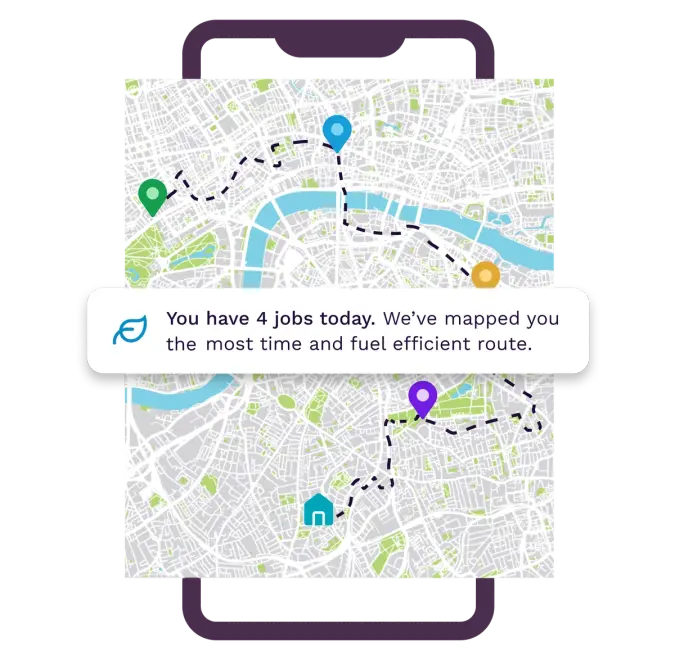 A smartphone displaying a map with four job locations connected by an optimized route, and a message about time and fuel efficiency.