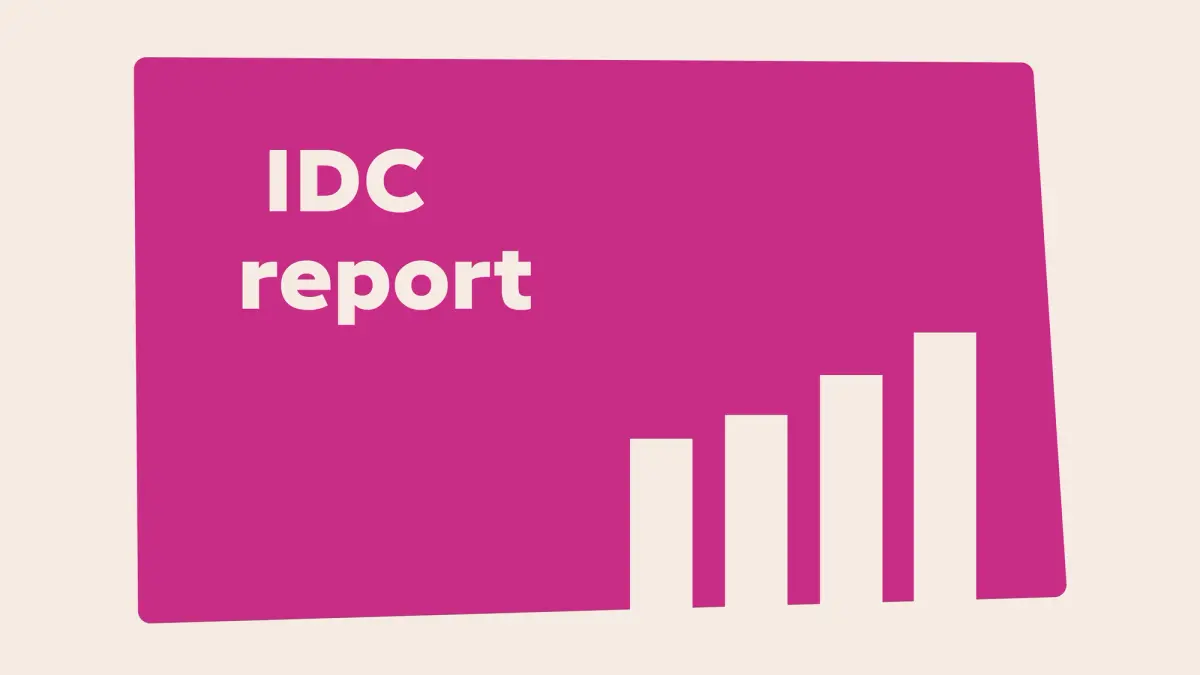 White text "IDC report" on a magenta graphic with a rising white bar chart.