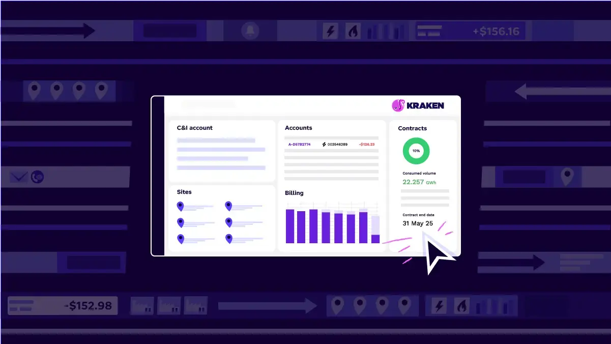 A Kraken dashboard showing energy contract details, billing data, and site information, with a cursor highlighting a date.