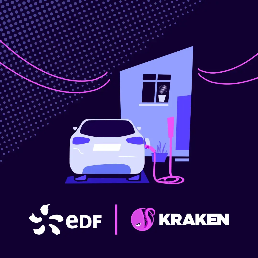 Electric car charging at home, with EDF and Kraken logos.
