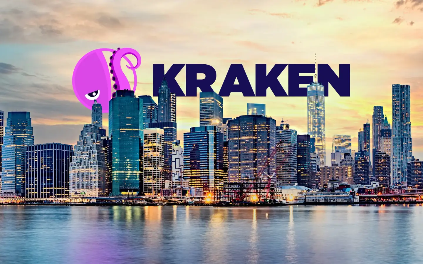 A pink octopus logo and dark blue "KRAKEN" text overlaid on a city skyline reflected in water at sunset.