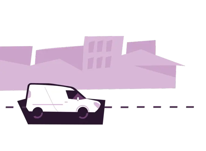 Illustration of a white delivery van driving on a road past purple buildings.