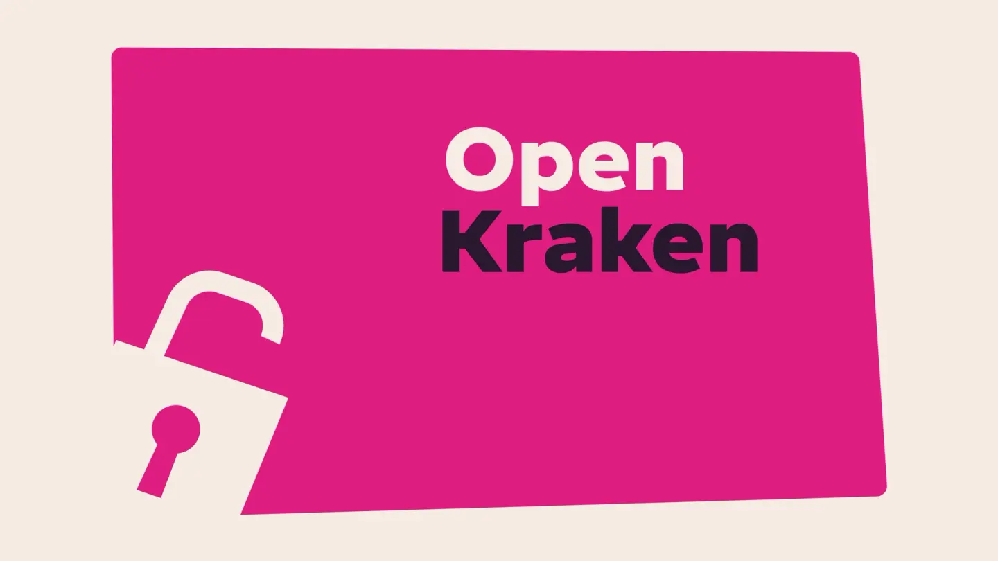 "Open Kraken" text in white and dark on a pink background, with an open white padlock icon.