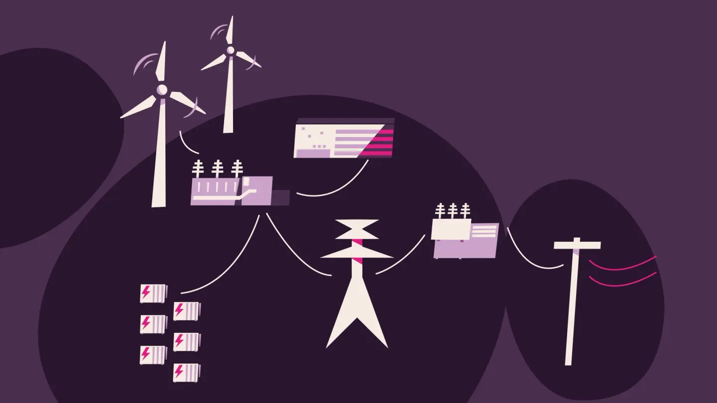 Stylized illustration of an electrical grid with wind turbines, battery storage, substations, and transmission lines.