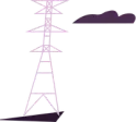 Stylized light purple power tower with a dark shadow and a dark cloud.