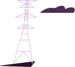 Stylized light purple power tower with a dark shadow and a dark cloud.