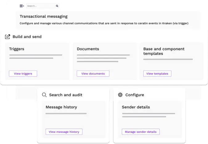 User interface for transactional messaging, showing sections for triggers, documents, templates, message history, and sender details.