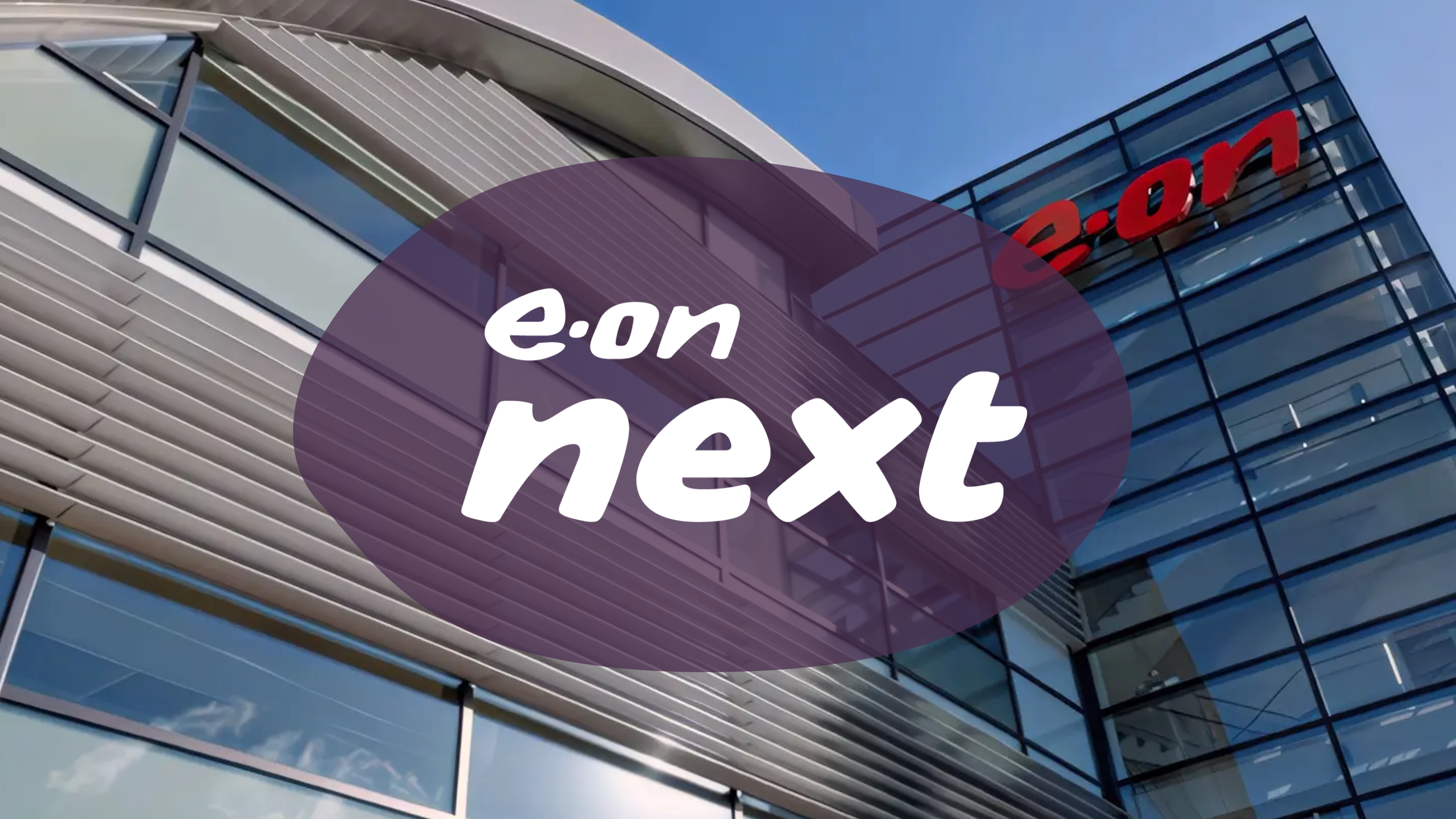 Modern building with the red "e-on" logo on its facade, overlaid with a purple oval containing the white text "e-on next".