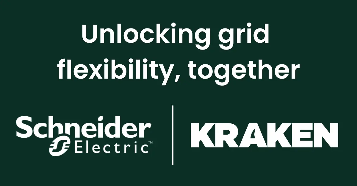 Text: "Unlocking grid flexibility, together" with logos for Schneider Electric and KRAKEN.