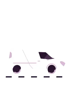 Stylized white car with purple accents on a dashed road.