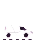 A stylized white delivery van with dark and light purple accents drives on a dashed road line.