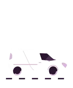 Stylized white and purple delivery van on a road.