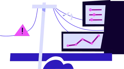 Illustration of a utility pole with a warning sign and birds on wires, connected to monitors displaying a line graph and sliders.