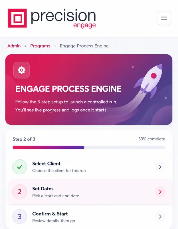 User interface for 'Engage Process Engine' showing 'Step 2: Set Dates' with calendar fields to select start and end dates.