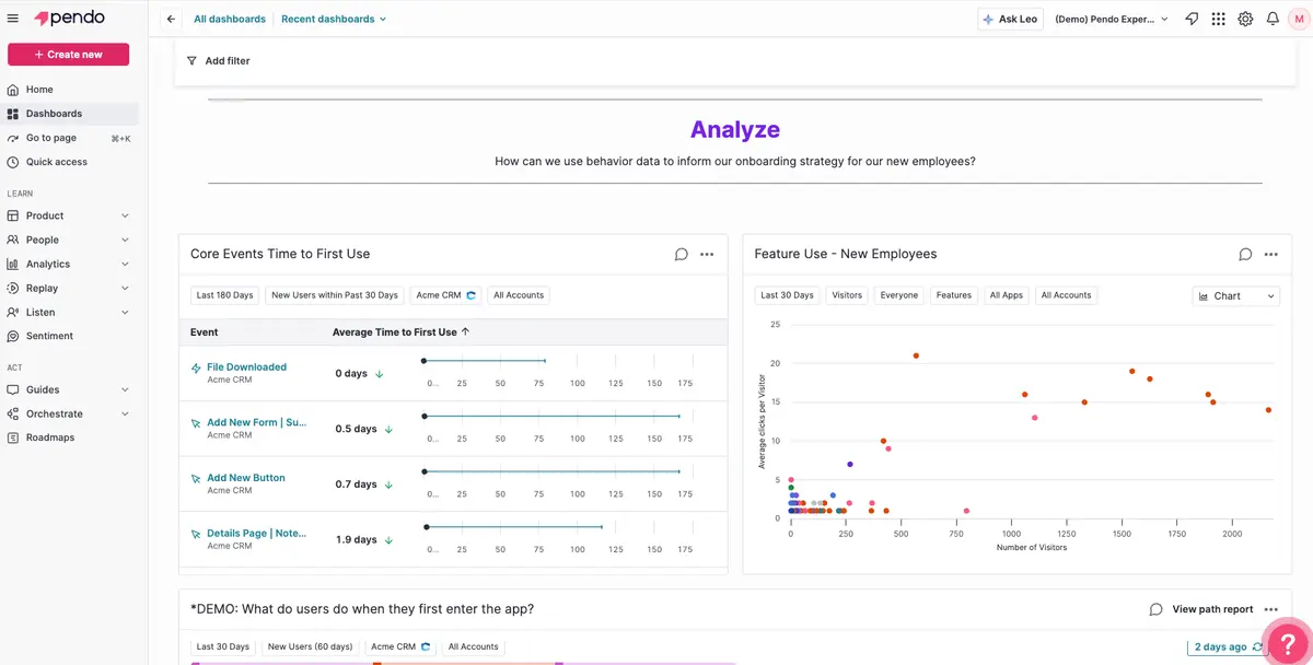 Pendo analytics dashboard showing user behavior data for new employees with time to first use events and a feature adoption scatter plot.