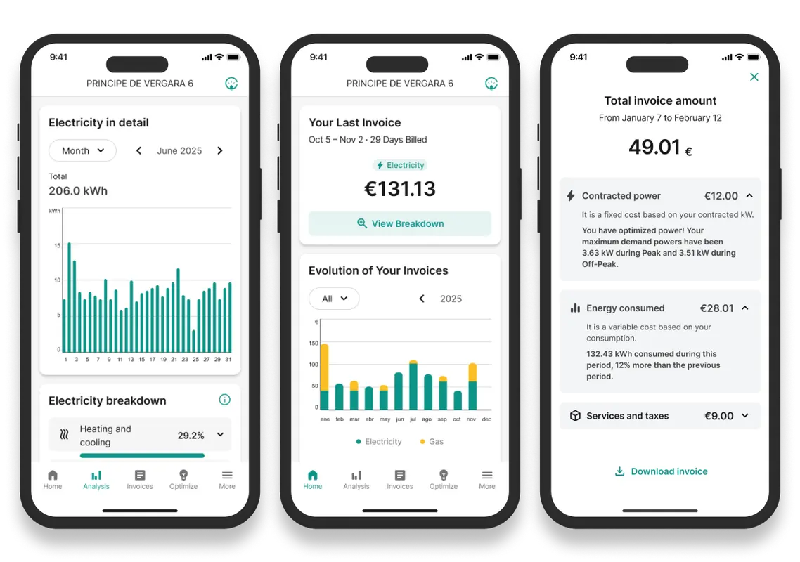 Three smartphone screens displaying an energy management app with electricity consumption data, invoice summaries, and detailed billing information.