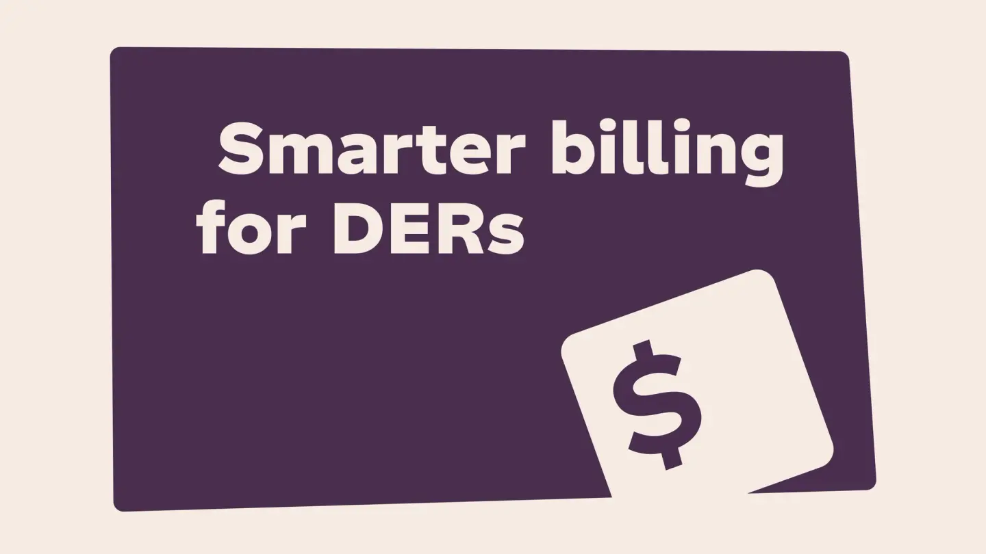 Illustration with the title "Smarter billing for DERs" on a dark purple card, featuring a price tag with a dollar symbol.
