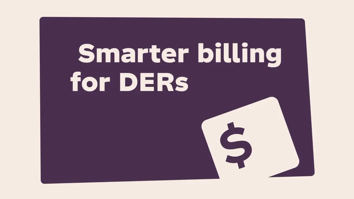 Illustration with the title "Smarter billing for DERs" on a dark purple card, featuring a price tag with a dollar symbol.