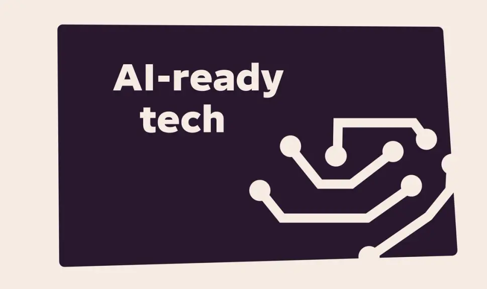 Illustration with the title "AI-ready tech" on a dark purple card, featuring a circuit board icon representing artificial intelligence.