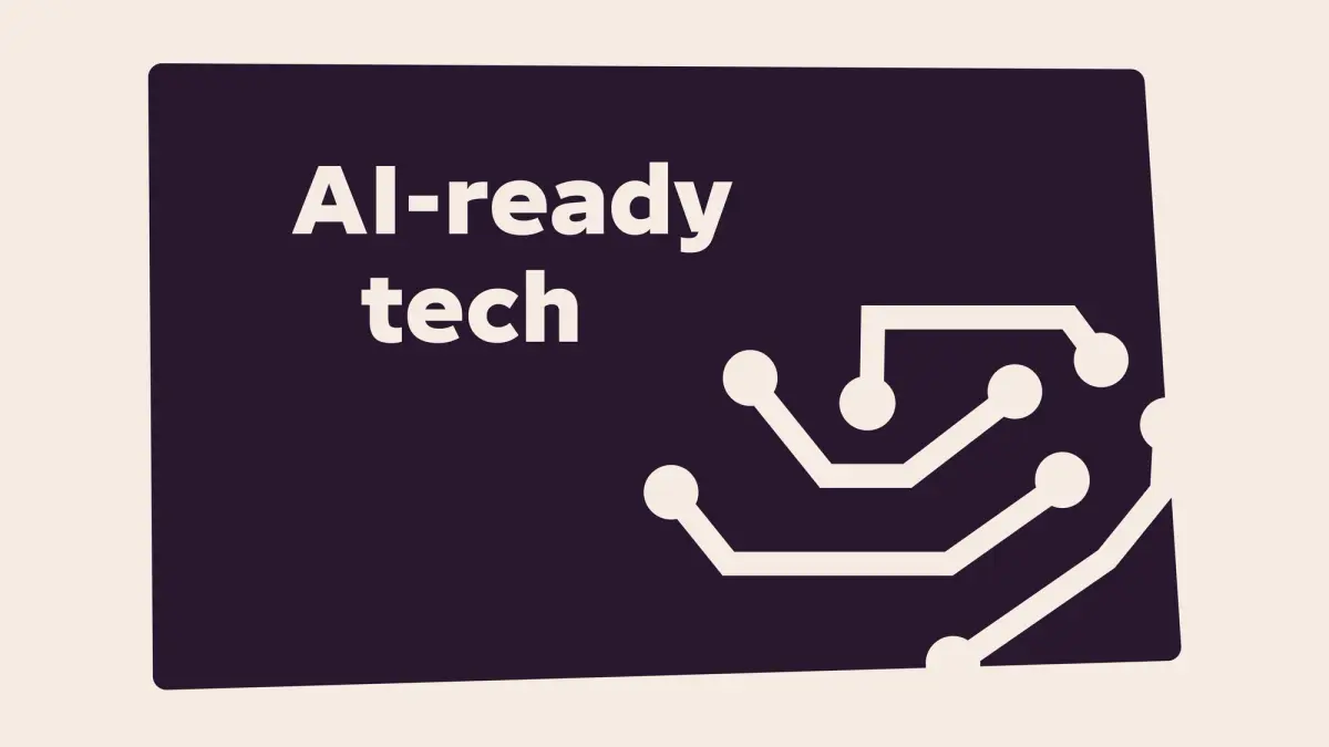 Illustration with the title "AI-ready tech" on a dark purple card, featuring a circuit board icon representing artificial intelligence.