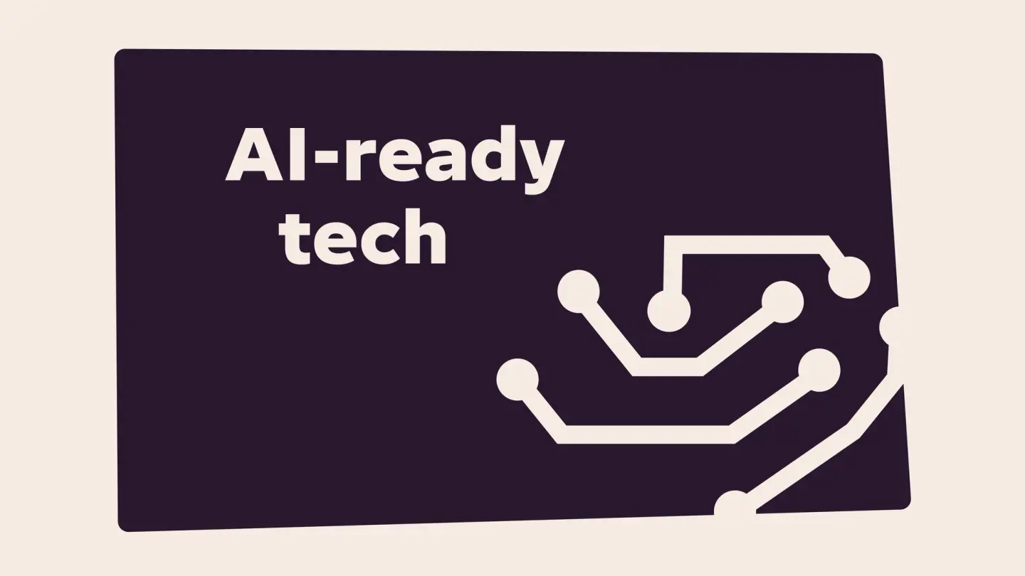 Illustration with the title "AI-ready tech" on a dark purple card, featuring a circuit board icon representing artificial intelligence.