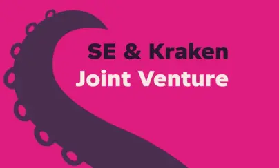 A dark purple octopus tentacle curves across a pink background, with text reading "SE & Kraken Joint Venture".