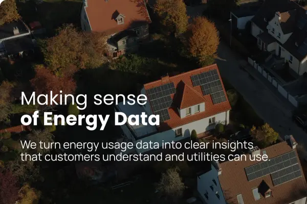 Text overlay: "Making sense of Energy Data," on an aerial view of residential houses, one with prominent solar panels.