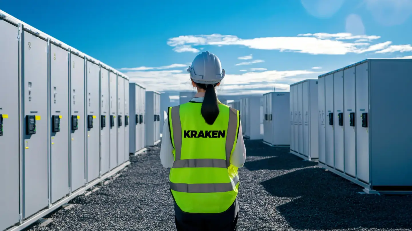 A person in a hard hat and a KRAKEN high-visibility vest views rows of electrical units under a blue sky.