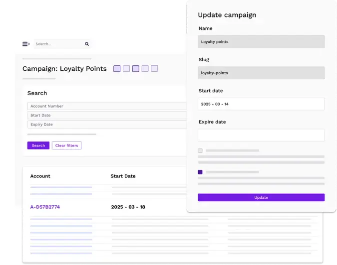 A user interface showing an "Update campaign" modal for a "Loyalty points" campaign, overlaid on a campaign management page.