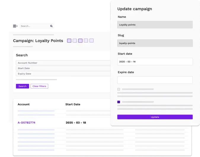 A user interface showing an "Update campaign" modal for a "Loyalty points" campaign, overlaid on a campaign management page.