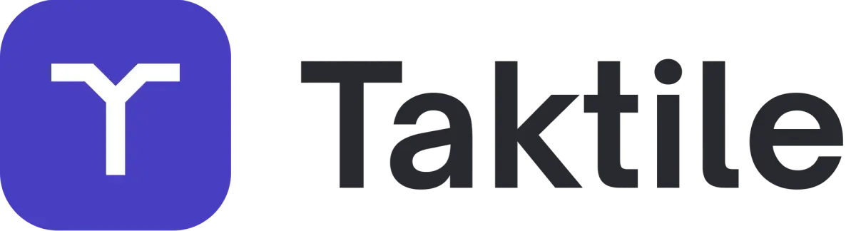 Taktile logo with a white branching Y symbol on a purple square, next to the word "Taktile" in dark gray.